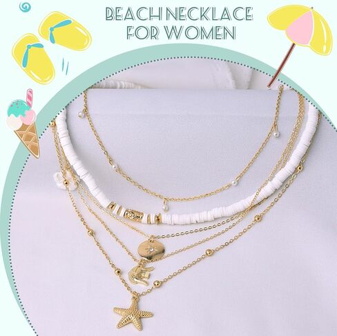 HUASAI Shell Necklaces for Women Starfish Seahell Charm Necklace Layered Boho Necklaces Vacation Essentials Outfits Halloween Costumes Accessories Women Stocking Stuffers in Saudi Arabia