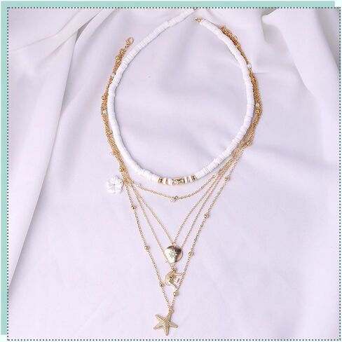 HUASAI Shell Necklaces for Women Starfish Seahell Charm Necklace Layered Boho Necklaces Vacation Essentials Outfits Halloween Costumes Accessories Women Stocking Stuffers in Saudi Arabia