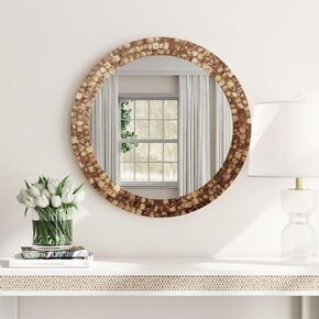 East at Main Round Wall Mirror with Coconut Shell Frame – 28.25" Handcrafted Boho Rustic Mirror for Bathroom, Living Room, or Entryway – Natural Brown Decorative Accent Mirror in Saudi Arabia