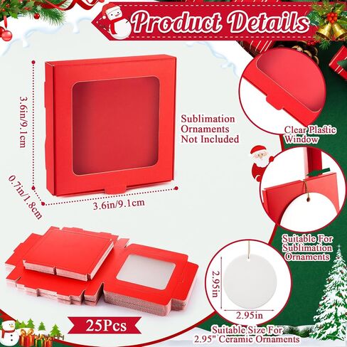 25 Pcs Sublimation Ornament Blanks Gift Box 3.6" x 3.6" x 0.7" Christmas Ornaments Holder Ceramic Discs Ornaments Packaging Box with Window for Personalized Xmas Tree Ornament Blanks Bulk in Saudi Arabia
