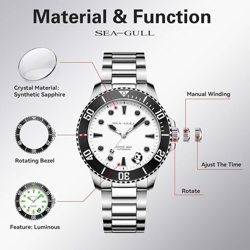 SEA-GULL Men's Automatic Dive Watch - 200M Water Resistant Mechanical Watch, Sapphire Crystal, 316L Stainless Steel Bracelet, 6203 in Kuwait