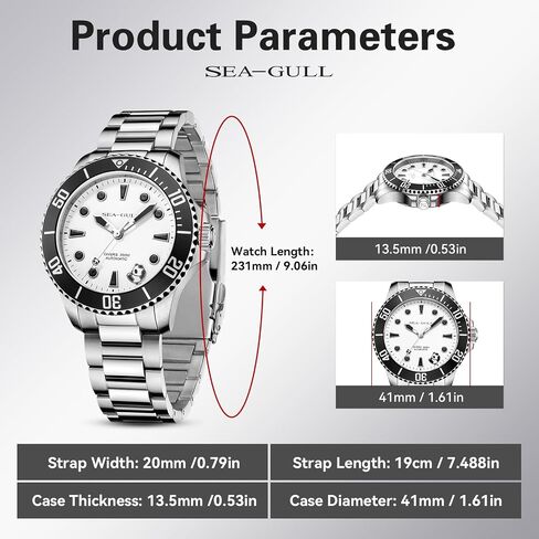 SEA-GULL Men's Automatic Dive Watch - 200M Water Resistant Mechanical Watch, Sapphire Crystal, 316L Stainless Steel Bracelet, 6203 in Kuwait