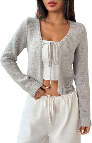 Milumia Women's Long Sleeve Cardigan Tie Front V Neck Knit Top Lightweight Shrug Sweaters in Saudi Arabia