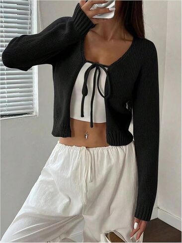 Milumia Women's Long Sleeve Cardigan Tie Front V Neck Knit Top Lightweight Shrug Sweaters in Saudi Arabia