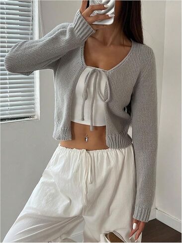 Milumia Women's Long Sleeve Cardigan Tie Front V Neck Knit Top Lightweight Shrug Sweaters in Saudi Arabia