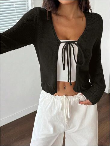 Milumia Women's Long Sleeve Cardigan Tie Front V Neck Knit Top Lightweight Shrug Sweaters in Saudi Arabia