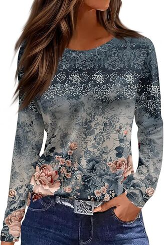 Fall Tops for Women 2025 Long Sleeve Crew Neck Floral Basic Tees Loose Fit Printed Business Casual Tops in Saudi Arabia