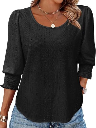 Tankaneo Womens 3/4 Length Sleeve Blouses Summer Casual Eyelet Tops Crewneck Dressy Shirts with Smocked Cuffs 2025 in Saudi Arabia