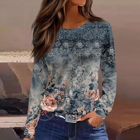 Fall Tops for Women 2025 Long Sleeve Crew Neck Floral Basic Tees Loose Fit Printed Business Casual Tops in Saudi Arabia