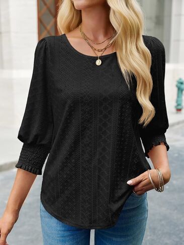 Tankaneo Womens 3/4 Length Sleeve Blouses Summer Casual Eyelet Tops Crewneck Dressy Shirts with Smocked Cuffs 2025 in Saudi Arabia