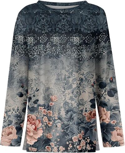 Fall Tops for Women 2025 Long Sleeve Crew Neck Floral Basic Tees Loose Fit Printed Business Casual Tops in Saudi Arabia