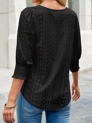 Tankaneo Womens 3/4 Length Sleeve Blouses Summer Casual Eyelet Tops Crewneck Dressy Shirts with Smocked Cuffs 2025 in Saudi Arabia