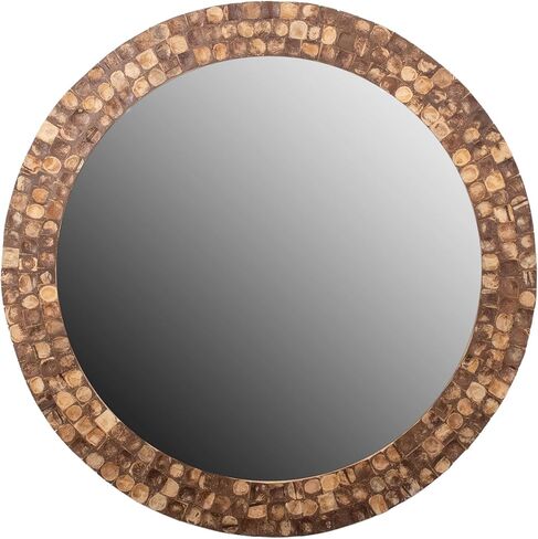 East at Main Round Wall Mirror with Coconut Shell Frame – 28.25" Handcrafted Boho Rustic Mirror for Bathroom, Living Room, or Entryway – Natural Brown Decorative Accent Mirror in Saudi Arabia