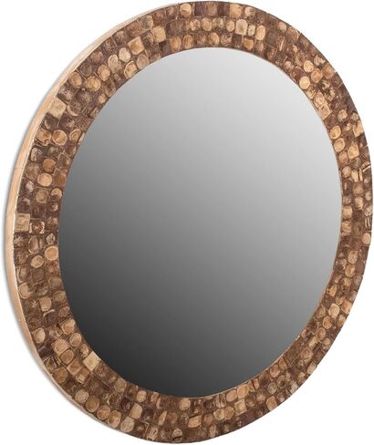 East at Main Round Wall Mirror with Coconut Shell Frame – 28.25" Handcrafted Boho Rustic Mirror for Bathroom, Living Room, or Entryway – Natural Brown Decorative Accent Mirror in Saudi Arabia