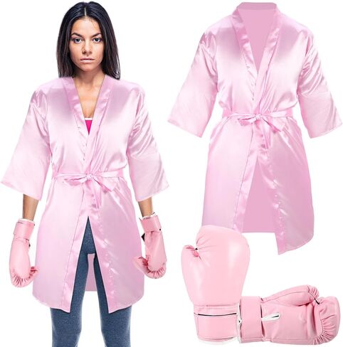 2 Pcs Halloween Boxing Costume for Women with XL Pink Satin Robe and Gloves for Adults Women Boxer Cosplay Party Fight Night Party Attire Outfit in Saudi Arabia