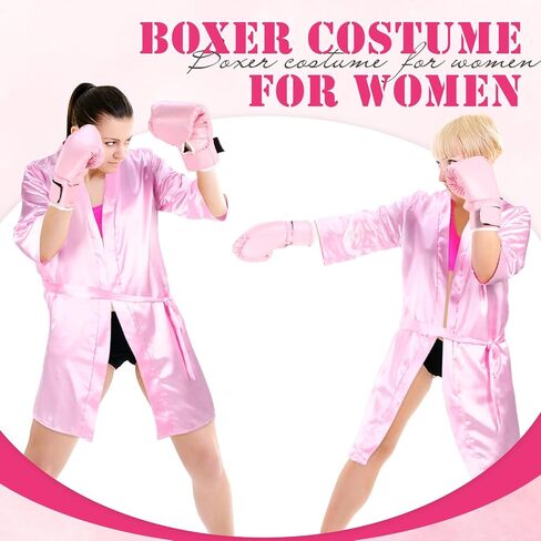 2 Pcs Halloween Boxing Costume for Women with XL Pink Satin Robe and Gloves for Adults Women Boxer Cosplay Party Fight Night Party Attire Outfit in Saudi Arabia