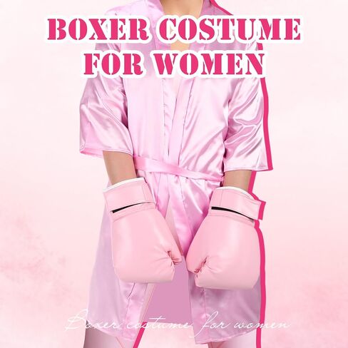 2 Pcs Halloween Boxing Costume for Women with XL Pink Satin Robe and Gloves for Adults Women Boxer Cosplay Party Fight Night Party Attire Outfit in Saudi Arabia