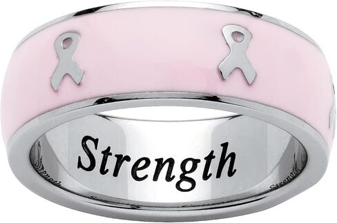 PalmBeach Stainless Steel Enamel Breast Cancer Ribbon Strength Inscribed Ring (6.5mm) Sizes 7-10 in Saudi Arabia