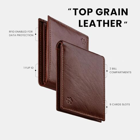 Coffee Premium Leather Wallet for Men with Flip ID -Inspire Series-RIFD Blocking Men's Wallet -Gifts for Men- Top Grain Bifold Leather Wallet- Dad Gifts in Saudi Arabia