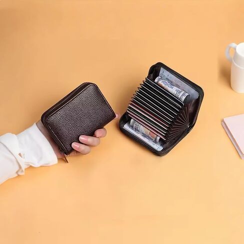 محفظة جلدية بسحاب لحمل بطاقات الائتمان RFID مع 11 فتحة للبطاقات، محفظة بطاقات بنية اللون للرجال والنساء in Saudi Arabia