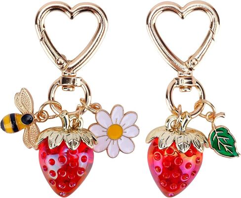 2pcs Strawberry Keychain, Cute Strawberry Bag Charms with Bee Daisy Flower Charm Metal Keyring Heart-Shaped Key Chain Accessories for Women's Purse Handbag Zipper Pull in Saudi Arabia