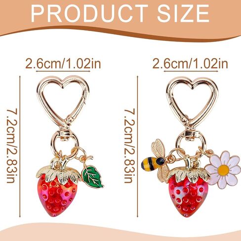 2pcs Strawberry Keychain, Cute Strawberry Bag Charms with Bee Daisy Flower Charm Metal Keyring Heart-Shaped Key Chain Accessories for Women's Purse Handbag Zipper Pull in Saudi Arabia