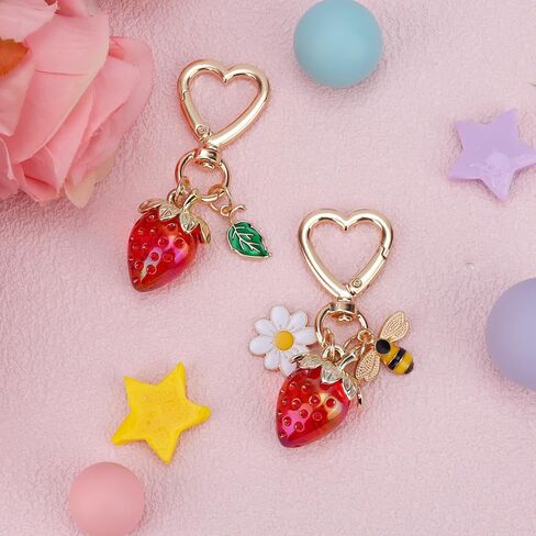 2pcs Strawberry Keychain, Cute Strawberry Bag Charms with Bee Daisy Flower Charm Metal Keyring Heart-Shaped Key Chain Accessories for Women's Purse Handbag Zipper Pull in Saudi Arabia