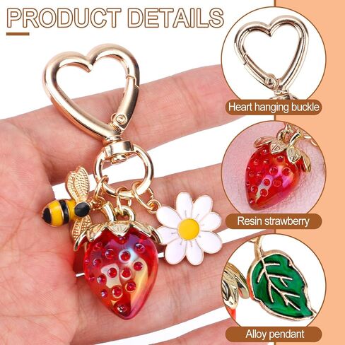 2pcs Strawberry Keychain, Cute Strawberry Bag Charms with Bee Daisy Flower Charm Metal Keyring Heart-Shaped Key Chain Accessories for Women's Purse Handbag Zipper Pull in Saudi Arabia