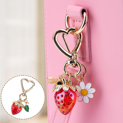 2pcs Strawberry Keychain, Cute Strawberry Bag Charms with Bee Daisy Flower Charm Metal Keyring Heart-Shaped Key Chain Accessories for Women's Purse Handbag Zipper Pull in Saudi Arabia