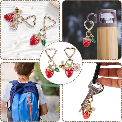 2pcs Strawberry Keychain, Cute Strawberry Bag Charms with Bee Daisy Flower Charm Metal Keyring Heart-Shaped Key Chain Accessories for Women's Purse Handbag Zipper Pull in Saudi Arabia