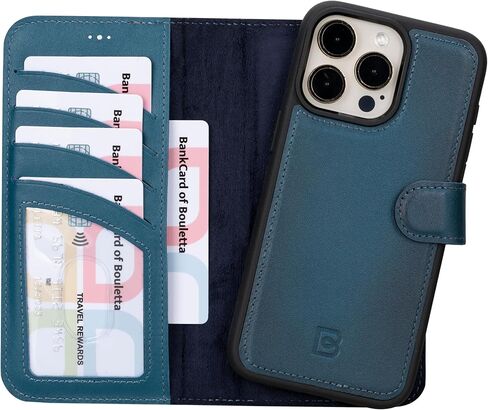 حافظة BOULETTA لهاتف iPhone 15 Pro Max متوافقة مع Magsafe من الجلد المحبب بالكامل، حافظة محفظة هاتف مغناطيسية قابلة للفصل (2 في 1) - 4 حاملات بطاقات مع RFID Blocking 6.7 بوصة، أسود in Kuwait