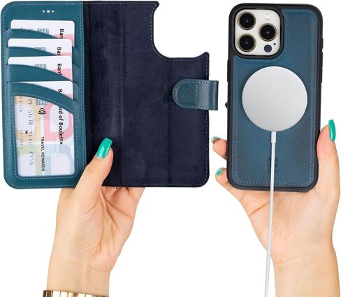 حافظة BOULETTA لهاتف iPhone 15 Pro Max متوافقة مع Magsafe من الجلد المحبب بالكامل، حافظة محفظة هاتف مغناطيسية قابلة للفصل (2 في 1) - 4 حاملات بطاقات مع RFID Blocking 6.7 بوصة، أسود in Kuwait