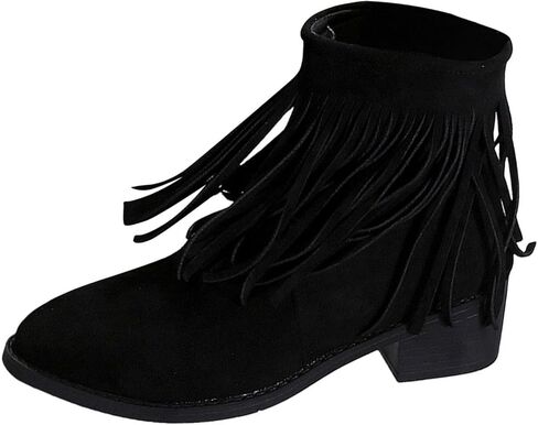 Ankle Boots for Women Flat Side Zip Vintage Womens Cowboy Boots Round Toe Fringe Buckle Straps Studded Western Cowboy Shoes in Saudi Arabia