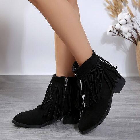 Ankle Boots for Women Flat Side Zip Vintage Womens Cowboy Boots Round Toe Fringe Buckle Straps Studded Western Cowboy Shoes in Saudi Arabia