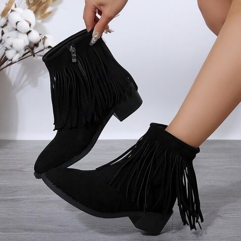 Ankle Boots for Women Flat Side Zip Vintage Womens Cowboy Boots Round Toe Fringe Buckle Straps Studded Western Cowboy Shoes in Saudi Arabia