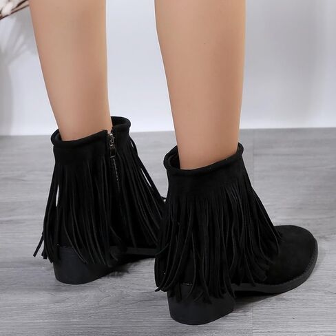 Ankle Boots for Women Flat Side Zip Vintage Womens Cowboy Boots Round Toe Fringe Buckle Straps Studded Western Cowboy Shoes in Saudi Arabia