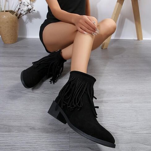 Ankle Boots for Women Flat Side Zip Vintage Womens Cowboy Boots Round Toe Fringe Buckle Straps Studded Western Cowboy Shoes in Saudi Arabia