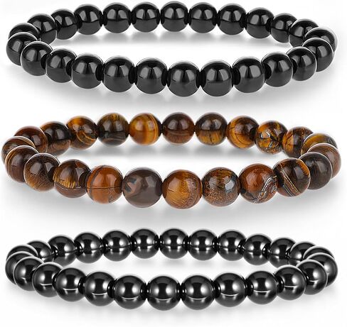 3Pcs Beaded Bracelets for Men – 8mm Beads Stretch Elastic Spiritual Bracelets Jewelry Gift for Men Women Black Obsidian, Hematite, Tiger Eye Stone in Saudi Arabia