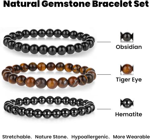 3Pcs Beaded Bracelets for Men – 8mm Beads Stretch Elastic Spiritual Bracelets Jewelry Gift for Men Women Black Obsidian, Hematite, Tiger Eye Stone in Saudi Arabia