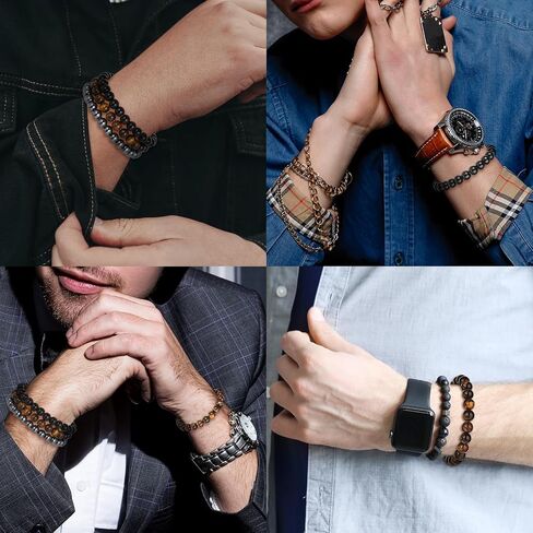 3Pcs Beaded Bracelets for Men – 8mm Beads Stretch Elastic Spiritual Bracelets Jewelry Gift for Men Women Black Obsidian, Hematite, Tiger Eye Stone in Saudi Arabia
