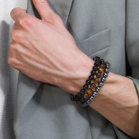 3Pcs Beaded Bracelets for Men – 8mm Beads Stretch Elastic Spiritual Bracelets Jewelry Gift for Men Women Black Obsidian, Hematite, Tiger Eye Stone in Saudi Arabia