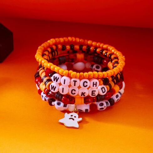 Halloween Beaded Bracelet For Women Pumpkin, Ghost, Skull, Bat, and Skull Head Designs, Stackable Elastic Black Stone Bracelet in Saudi Arabia