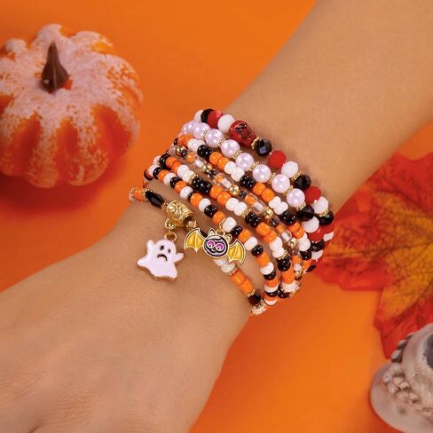 Halloween Beaded Bracelet For Women Pumpkin, Ghost, Skull, Bat, and Skull Head Designs, Stackable Elastic Black Stone Bracelet in Saudi Arabia