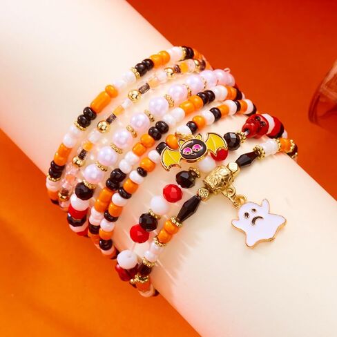 Halloween Beaded Bracelet For Women Pumpkin, Ghost, Skull, Bat, and Skull Head Designs, Stackable Elastic Black Stone Bracelet in Saudi Arabia