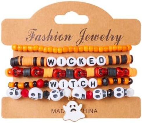 Halloween Beaded Bracelet For Women Pumpkin, Ghost, Skull, Bat, and Skull Head Designs, Stackable Elastic Black Stone Bracelet in Saudi Arabia