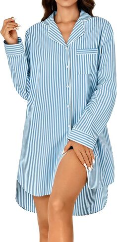 Rooscier Women's Cotton Striped Nightgown Collar V Neck Long Sleeve Sleep Shirts Nightdress Button Down Nightwear in Saudi Arabia