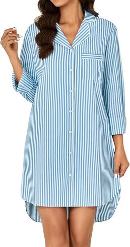 Rooscier Women's Cotton Striped Nightgown Collar V Neck Long Sleeve Sleep Shirts Nightdress Button Down Nightwear in Saudi Arabia