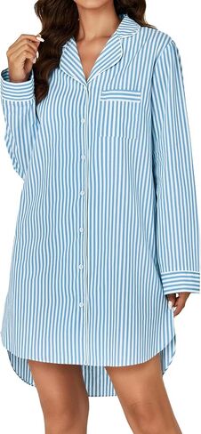 Rooscier Women's Cotton Striped Nightgown Collar V Neck Long Sleeve Sleep Shirts Nightdress Button Down Nightwear in Saudi Arabia