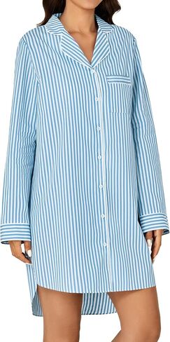Rooscier Women's Cotton Striped Nightgown Collar V Neck Long Sleeve Sleep Shirts Nightdress Button Down Nightwear in Saudi Arabia