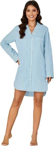 Rooscier Women's Cotton Striped Nightgown Collar V Neck Long Sleeve Sleep Shirts Nightdress Button Down Nightwear in Saudi Arabia
